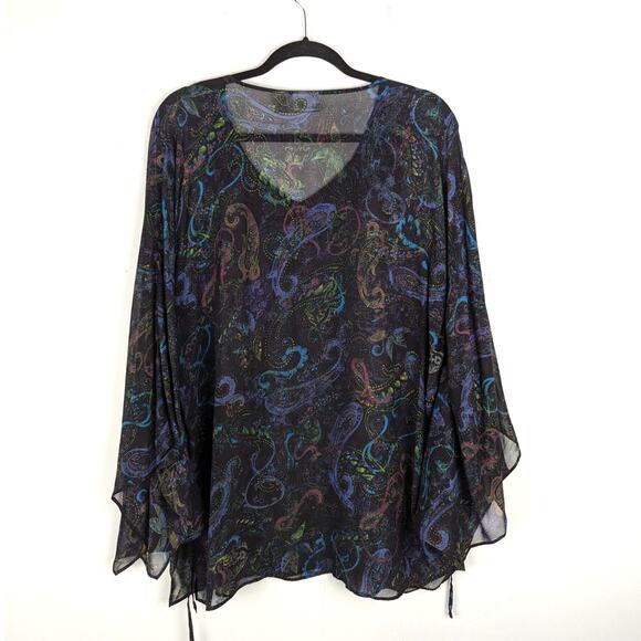 Chico's Paisley Sheer Silk Beaded Poncho Blouse‎ Fairy Grunge Boho Whimsical M/L - Picture 6 of 8